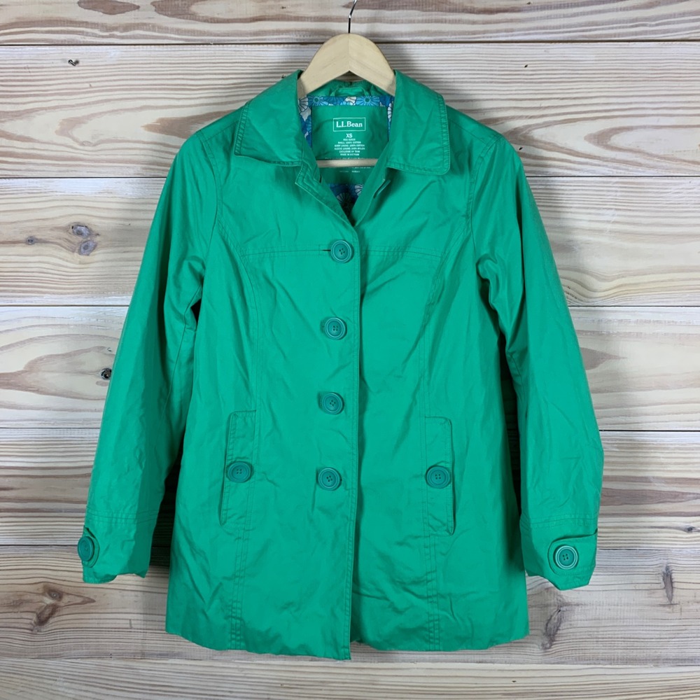 LL Bean Trench Coat Women XS Green Cotton Button Front Floral‎ Lined Jacket